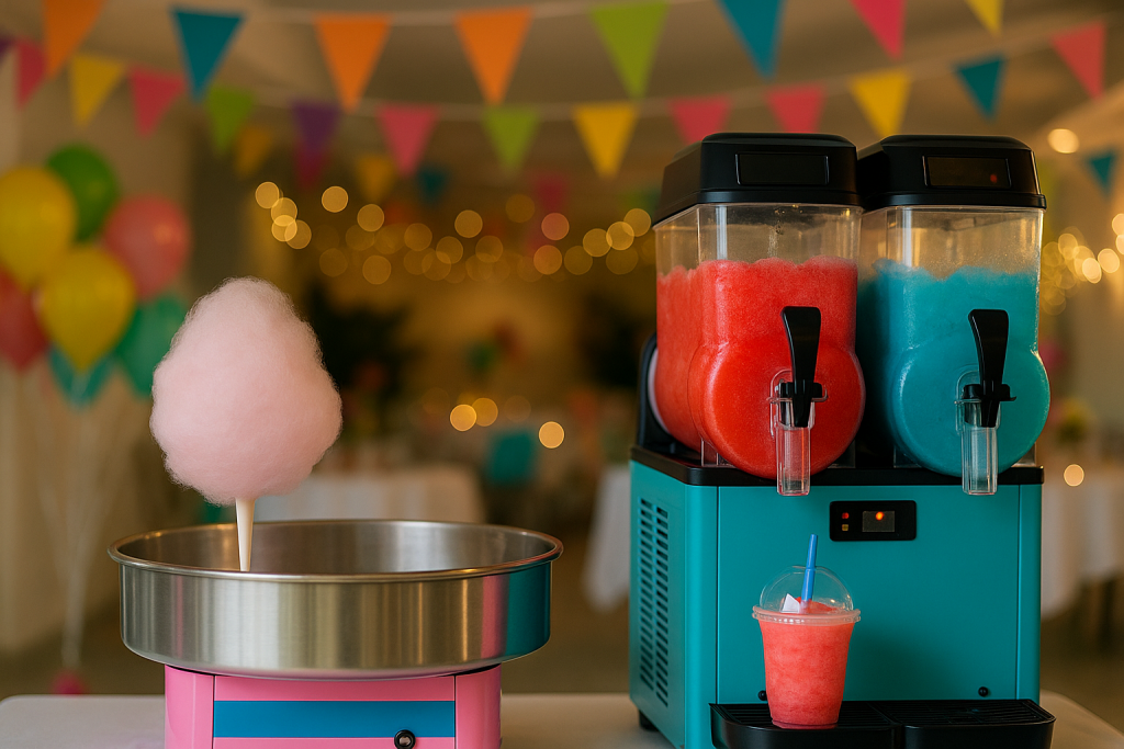 Zuckerwatte auf Stab neben einer doppeltankigen Slushie-Maschine mit rotem und blauem Slush in einem festlich dekorierten Raum mit Girlanden und Luftballons im Hintergrund