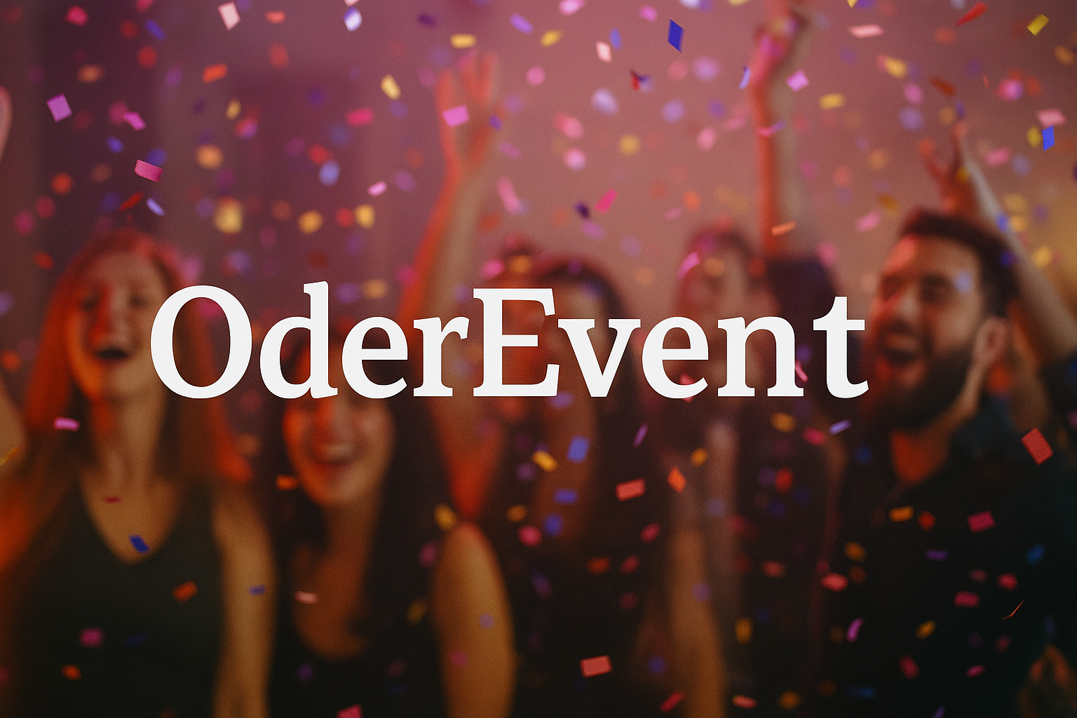 Verschwommene feiernde Menschen mit Konfetti und OderEvent Logo